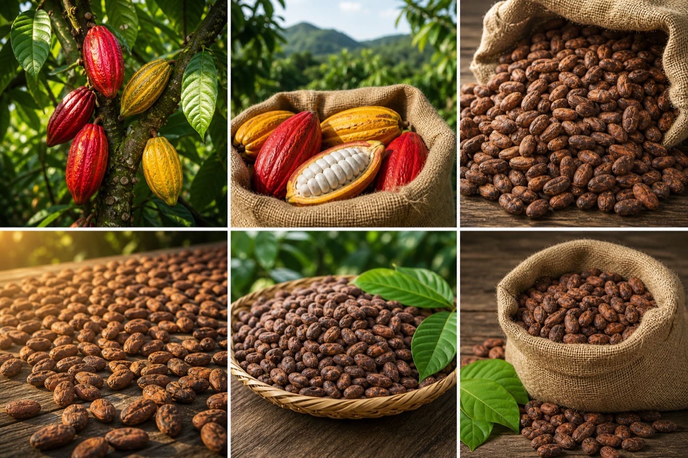 Cacao panameño en grano y en cultivo